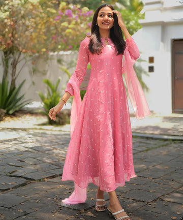 Pink Tafeta Silk Kali Cut Maxi