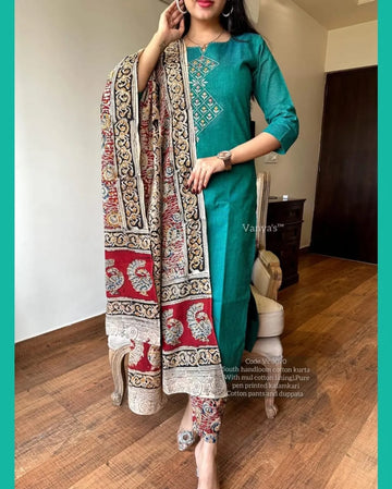 Sea Green slub Embroidery Duppta Set...