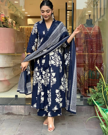 Stylish A-Line Kurti With Bottomwear And Dupatta Set