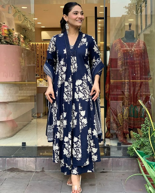 Stylish A-Line Kurti With Bottomwear And Dupatta Set