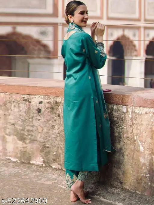 Floral Embroidered Regular Thread Work Straight Kurta with Palazzos & Dupatta